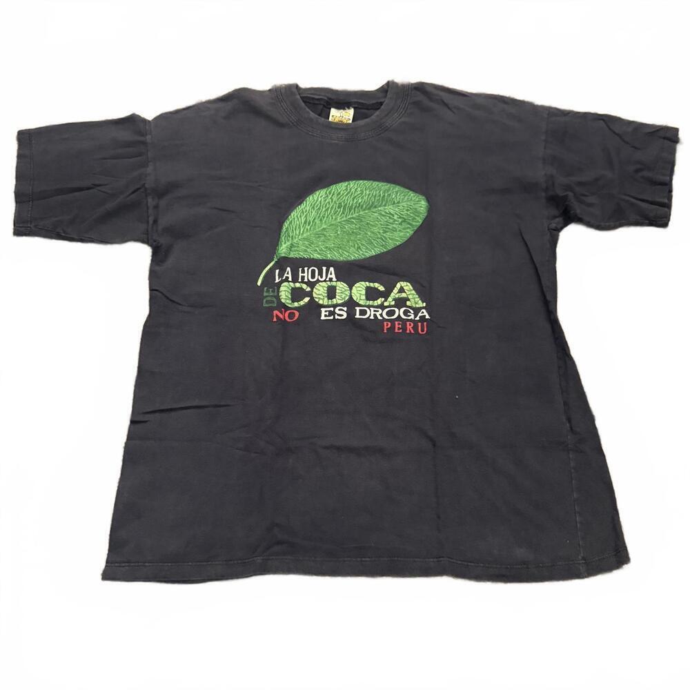 Peru Coca Leaf Graphic Tee Black XL Spanish Text Statement Shirt